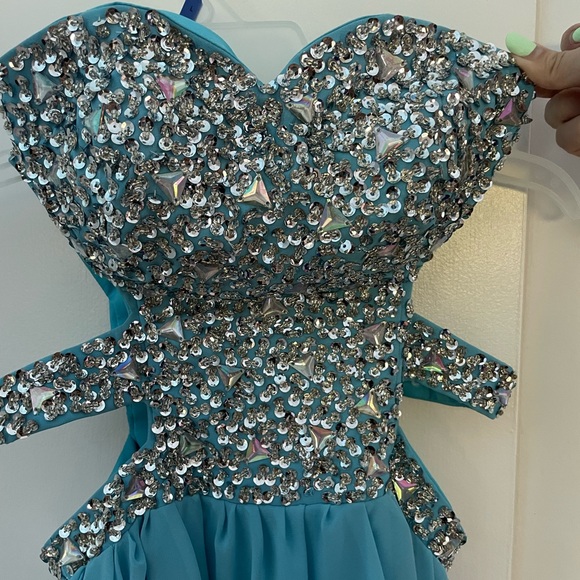 Strapless Light Blue Maxi Dress with Rhinestones & Side Slits - Picture 2 of 4